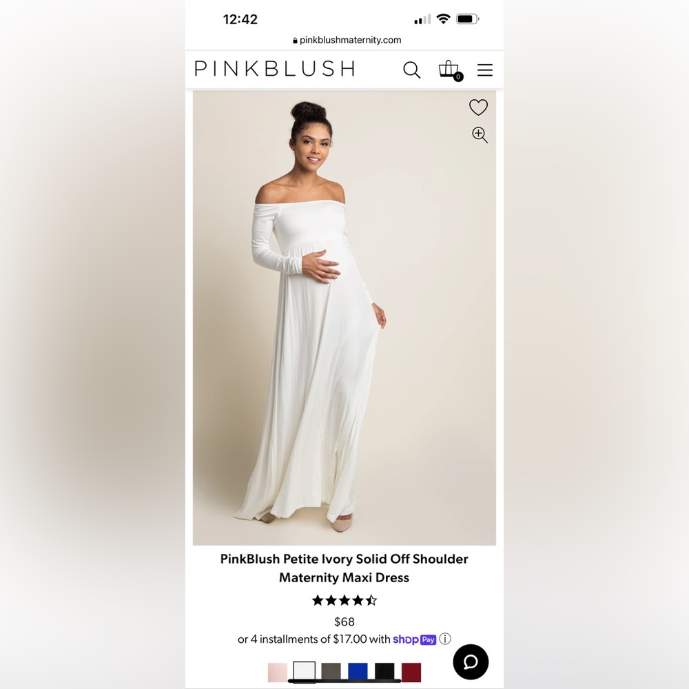 PinkBlush Petite Ivory Solid Off Shoulder Maternity Maxi Dress, Small
